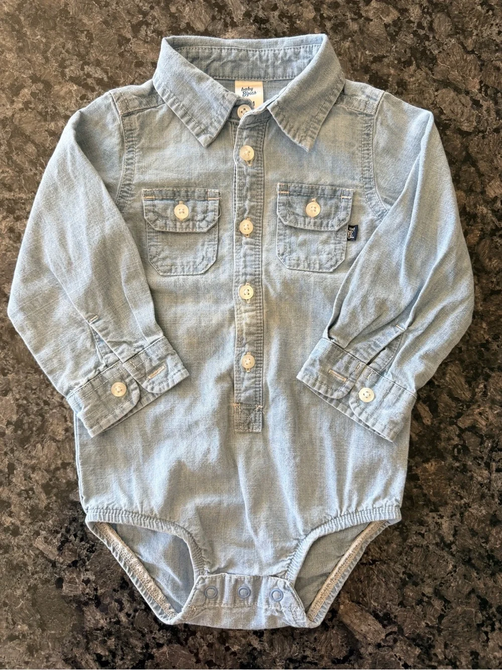 3/$15 OshKosh B'gosh Blue Denim Chambray Long Sleeve Button Down Bodysuit 18M